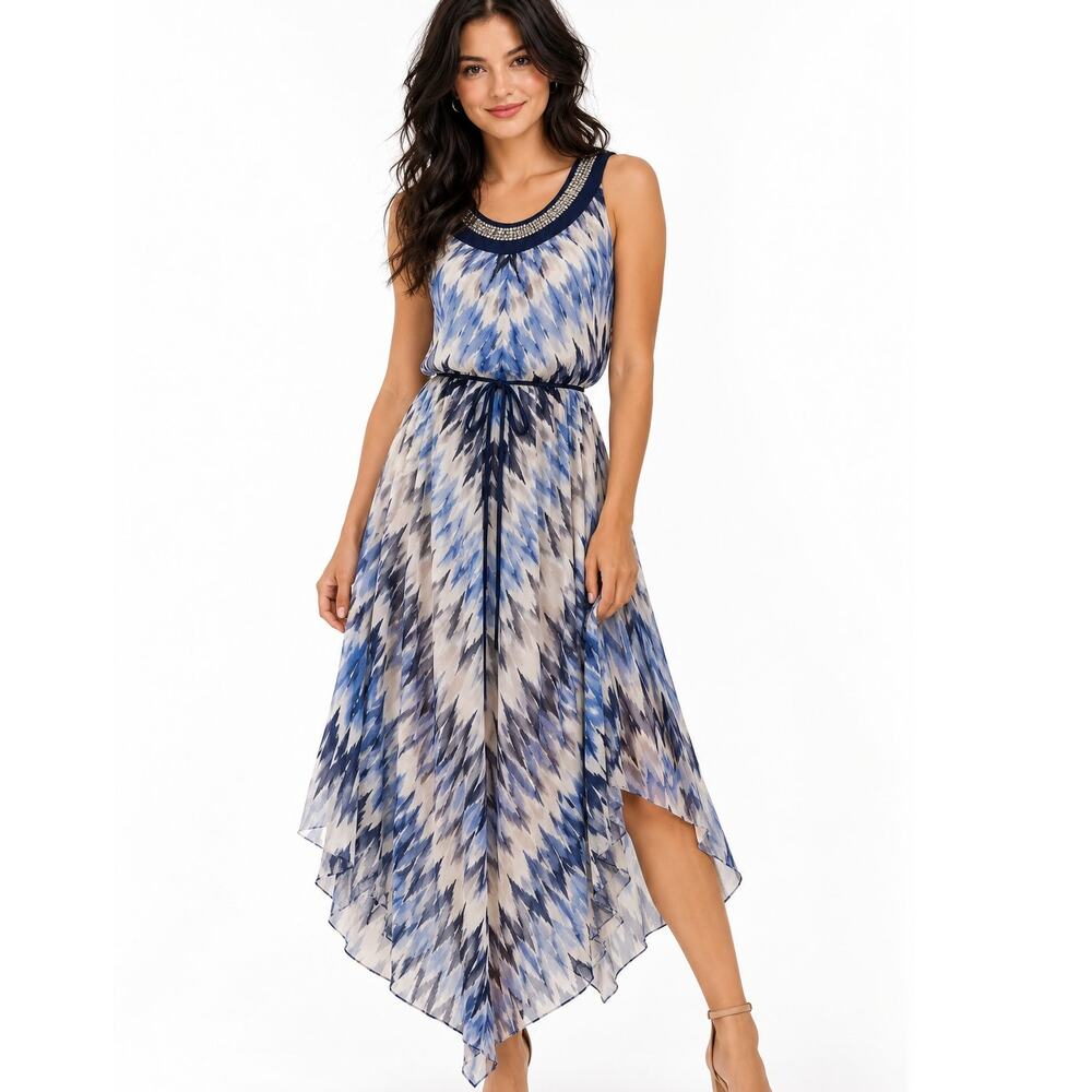 Sandra Darren Belted Midi Dress Womens Size 14 Blue Chevron Beaded Asymmetrical